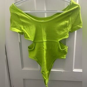 S neon green bodysuit with cut out sides.